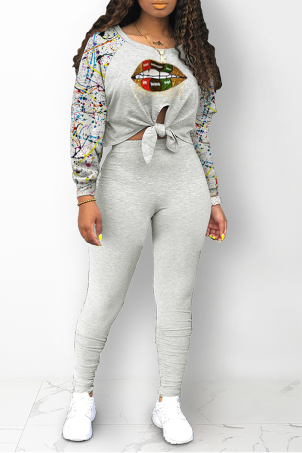 Grey Casual Print Hollowed Out O Neck Long Sleeve Two Pieces