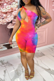 Pink Sexy Patchwork Tie-dye One Shoulder Skinny Rompers
