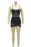 Apricot Sexy Patchwork Hot Drilling Backless Asymmetrical Spaghetti Strap Sleeveless Two Pieces