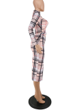 Pink Sexy Plaid Hollowed Out Half A Turtleneck Pencil Skirt Dresses
