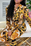 Gold Fashion Casual Print Basic Turndown Collar Long Sleeve Two Pieces