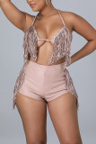 Pink Sexy Solid Tassel Patchwork Frenulum Backless Halter Sleeveless Two Pieces