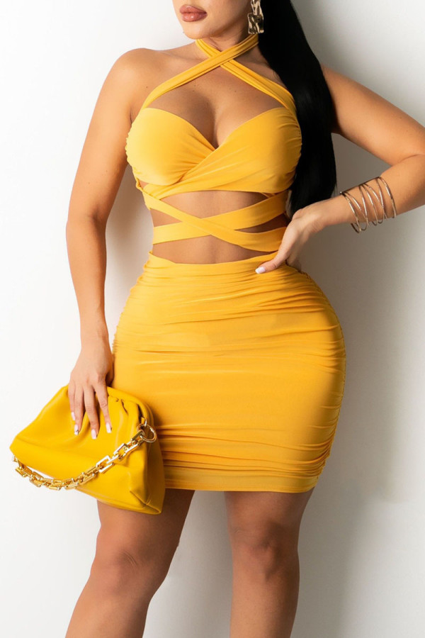 Yellow Sexy Print Hollowed Out Patchwork Backless Halter Pencil Skirt Dresses