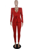 Red Sexy Solid With Bow V Neck Long Sleeve Two Pieces