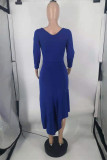 Deep Blue Fashion Casual Solid Asymmetrical V Neck Long Sleeve Dresses