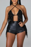 Pink Sexy Solid Tassel Patchwork Frenulum Backless Halter Sleeveless Two Pieces