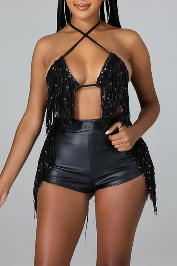 Black Sexy Solid Tassel Patchwork Frenulum Backless Halter Sleeveless Two Pieces