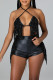 Black Sexy Solid Tassel Patchwork Frenulum Backless Halter Sleeveless Two Pieces