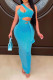 Sky Blue Sexy Solid Bandage Hollowed Out Patchwork Oblique Collar Pencil Skirt Dresses