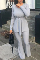 Light Gray Fashion Casual Solid Slit V Neck Plus Size Two Pieces
