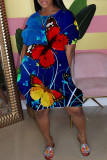 Blue Casual Butterfly Print Patchwork O Neck Ball Gown Dresses