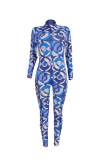 Blue Sexy Print Backless O Neck Skinny Jumpsuits