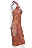 Brown Fashion Sexy Print Hollowed Out Backless Halter Sleeveless Dress