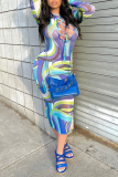 Red Sexy Print Hollowed Out O Neck Pencil Skirt Dresses