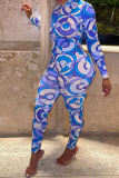 Blue Sexy Print Backless O Neck Skinny Jumpsuits