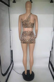 Leopard Print Fashion Sexy Print Leopard Backless One Shoulder Sleeveless Two Pieces