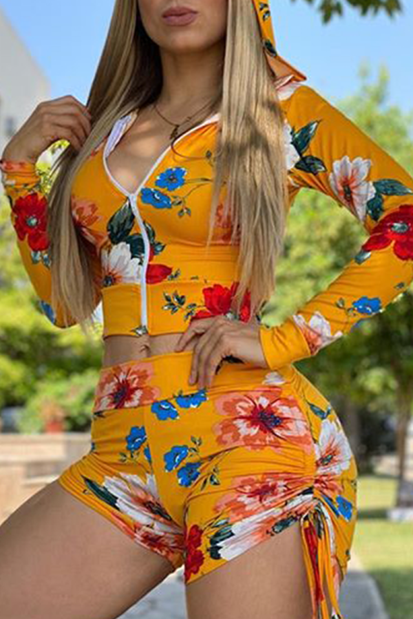 Yellow Sexy Print Patchwork Hooded Collar Long Sleeve Two Pieces