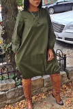 Army Green Street Solid Split Joint O Neck Dresses