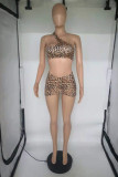 Leopard Print Fashion Sexy Print Leopard Backless One Shoulder Sleeveless Two Pieces
