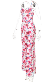 Pink Sexy Print Patchwork Halter Straight Jumpsuits