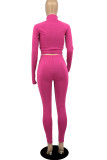 Rose Red Casual Solid Patchwork Zipper Collar Long Sleeve Two Pieces