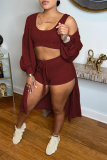 Burgundy Casual Solid Split Joint Long Sleeve Three Pieces