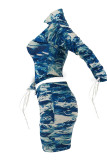 Blue Fashion Sexy Print Asymmetrical Turtleneck Long Sleeve Two Pieces