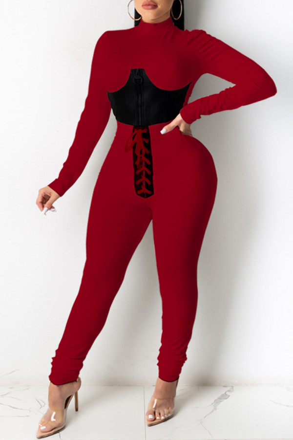 Burgundy Fashion Casual Patchwork Bandage Half A Turtleneck Long Sleeve Two Pieces