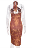 Brown Fashion Sexy Print Hollowed Out Backless Halter Sleeveless Dress