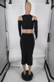 Black Fashion Sexy Solid Hollowed Out O Neck Long Sleeve Two Pieces