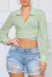 Red Casual Plaid Print Patchwork Turndown Collar Tops