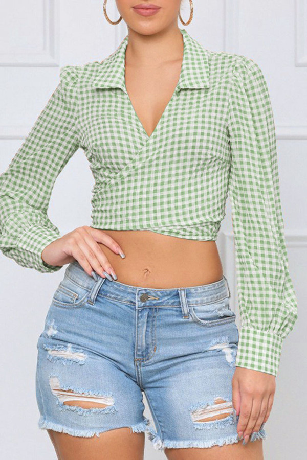 Green Casual Plaid Print Patchwork Turndown Collar Tops