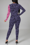 Purple Sexy Print Patchwork V Neck Skinny Jumpsuits