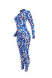 Blue Sexy Print Backless O Neck Skinny Jumpsuits