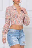 Red Casual Plaid Print Patchwork Turndown Collar Tops