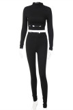 Black Fashion Sportswear Solid Hollowed Out Patchwork Half A Turtleneck Long Sleeve Two Pieces