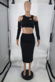 Black Fashion Sexy Solid Hollowed Out O Neck Long Sleeve Two Pieces