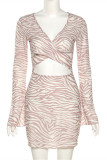 Khaki Fashion Sexy Print Hollowed Out V Neck Long Sleeve Dresses