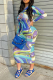 Blue Sexy Print Hollowed Out O Neck Pencil Skirt Dresses