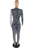 Purple Sexy Print Patchwork V Neck Skinny Jumpsuits