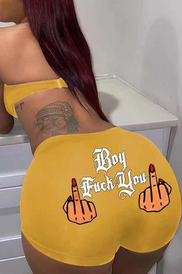 Yellow Fashion Casual Print Basic Skinny High Waist Shorts