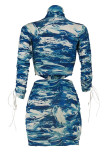 Blue Fashion Sexy Print Asymmetrical Turtleneck Long Sleeve Two Pieces