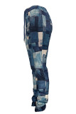 Blue Fashion Casual Print Basic Regular Trousers
