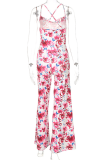 Pink Sexy Print Patchwork Halter Straight Jumpsuits