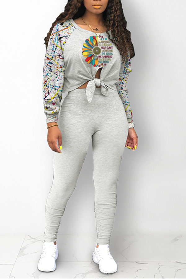 Grey Casual Print Patchwork O Neck Long Sleeve Two Pieces