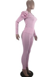 Pink Casual Solid Patchwork Flounce Pearl O Neck Long Sleeve Two Pieces