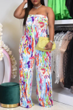 Colour Sexy Print Patchwork Strapless Loose Jumpsuits