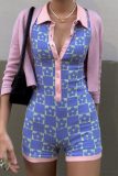 Purple Sexy Print Patchwork Turndown Collar Skinny Rompers