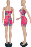 Red Casual Print Patchwork Spaghetti Strap Sleeveless Two Pieces