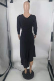 Deep Blue Fashion Casual Solid Asymmetrical V Neck Long Sleeve Dresses